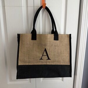 Jute Burlap Embroidered "A" Double Handle Shoulder Bag Beach‎ Travel Gift Boho